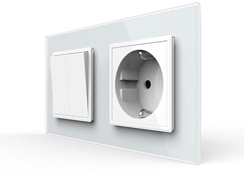 LIVOLO doppelter Wipp Serienwechselschalter Lichtschalter mit Schuko Steckdose für Unterputz Einbau Serien Wechsel Schalter VL-C7-K2S/C1EU-11-A in Weiß im Glasrahamen Wandschalter Einbausteckdose