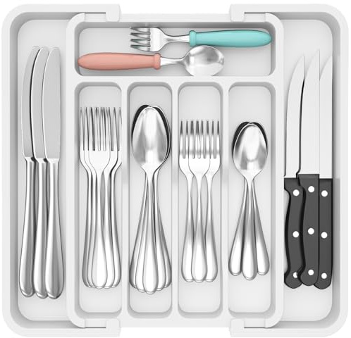 Lifewit Organizador Cuberteros para Cajón Cocina, Libre de BPA Bandeja Cubiertos Extensible, Separador Cubiertos Utensilios Almacenaje, Cajas para Cubertería, Fondo 31 cm, Ancho 23-37cm, Blanco