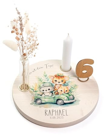 Nord-Kind® Geburtstagsteller personalisiert – Safari 1 | Personalisiert aus Buchenholz, inkl. Kerze, Vase, Zahlen und Haltern; 20 cm.