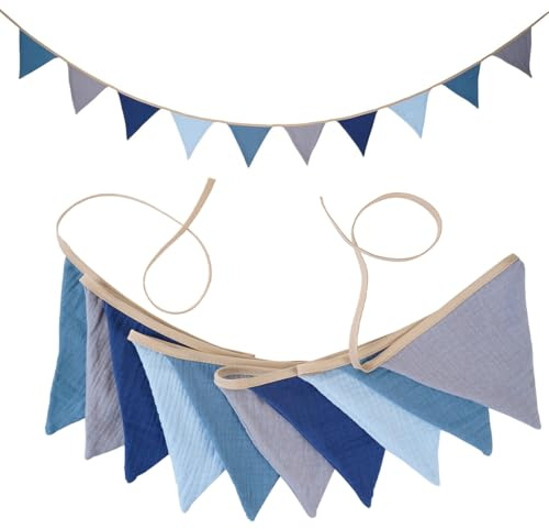 Duoleimi Blaue Wimpelkette Kinderzimmer - 2.6m Baumwollgirlande für Hausbett, Babybett & Deko, Kinderzimmer Deko Junge, Wimpelkette Jungen, Kinderzimmer Blau Girlande & Wanddeko.