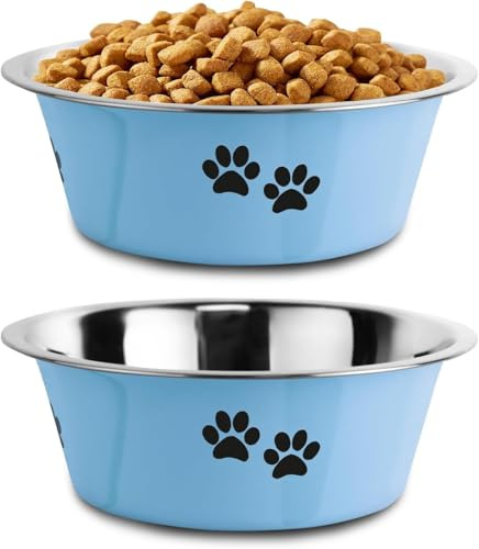 YUDANSI Hundskålar, 2 stycken, medelstora och stora hundar, foderskål, vattenskål, matskål med halkfri silikonsula, rostfritt stål förhöjd matskål (blå, Ø 21 cm, 1560 ml)