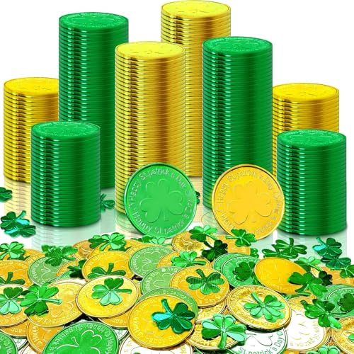100 Pcs St Patricks Day Shamrock Coins and 2 Oz 200 pcs Shamrock Clover Confetti Table Sprinkles for Irish St Patricks Party Decoration Favors Supplies,St Patricks Day Table Decorations