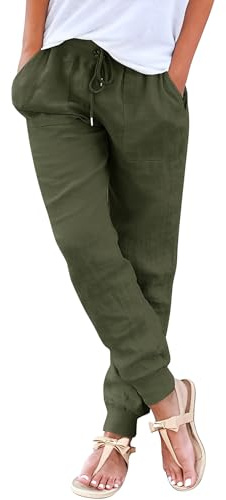 Yuson Girl Pantaloni Donna Pantaloni Lino Donna Estivi Larghi Elastico Eleganti Pantaloni Gamba Dritta Tinta Unita Casual da Spiaggia Leggeri Comodi con Tasche Coulisse(Verde, M)