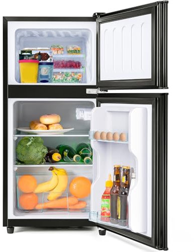 Merax Retro-Kühlschrank mit Gefrierfach, mit 60 Liter Gesamtvolumen, 22 Liter Gefriervolumen, 38 Liter Kühlvolumen, LED-Licht, Zwei Fächer, 102 kWh/Jahr, Erhältlich in Schwarz