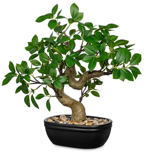 Briful Künstlicher Bonsai Baum im Topf, 33 cm – Immergrüne Ficus Kunstpflanze mit Natursteinen – Dekorativer Kunstbonsai Tischdeko für Wohnzimmer, Büro & Ganzjahres-Dekoration