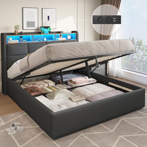 DICTAC Lit Coffre 160x200 avec Lumières LED et Prise,Lit 160x200 avec Sommier à Lattes et Rangement Hydraulique,lits 2 Personnes en Lin avec Rangement Tête de lit,lits 2 Places,Gris Foncé-sans Matelas