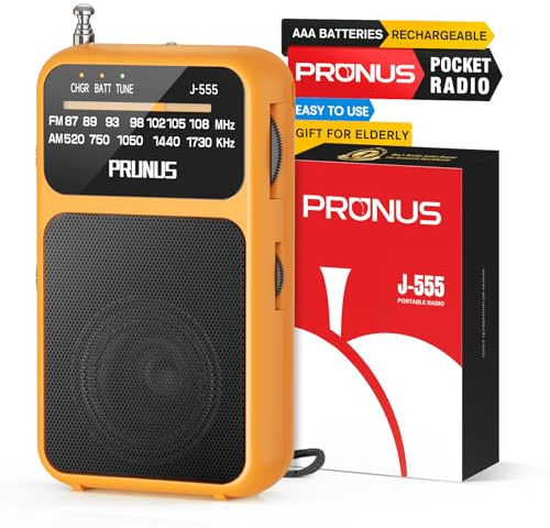 PRUNUS J-555 Am/FM Radio Portatil Pequeña Recargable, Carga USB-C, Radio Pequeña Pilas, con Toma de Auriculares, Transistor Radio de Bolsillo con Clip y cordón para Correr, Acampar. (Naranja)