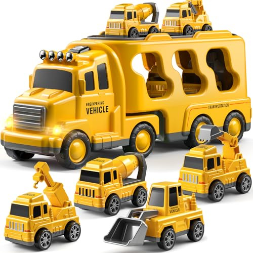 JUKUDAHU 5 in 1 Construction Carrier Truck Toy for Kids 3-9 | 4 Small Car, Light and Sound, Friction Powered, Detachable Transport Trailer, Educational Toy, Gift for Boys Girls