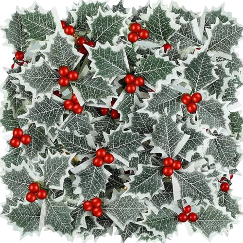 YUVKIN 30 Piezas Bayas Rojas de Navidad Decoraciones de Acebo Artificial con Hojas Verdes Ramas Decorativas para Guirnaldas, Árbol de Navidad y Paquetes de Regalo