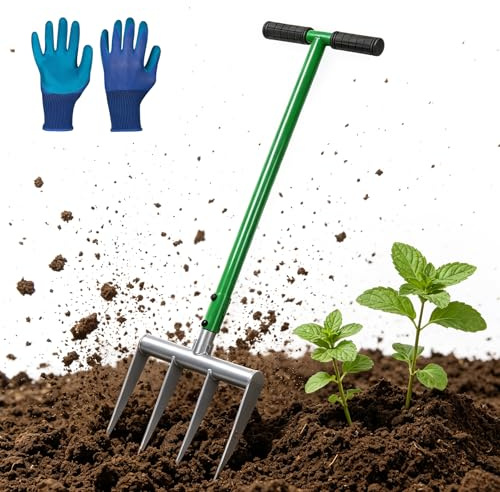 CPROSP Grävgaffel för hårda, steniga jordar 31 × 107,5 cm, spatgaffel med 4 pinnar av manganstål, gravgaffel zinklängd 25 cm, broadfork med 1 par handskar