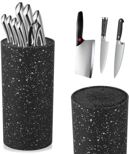 Portacoltelli Universale Effetto Marmo Senza Coltelli, Ceppo Portacoltelli con Setole Rimovibili,Organizer Salvaspazio per Coltelli da Cucina, Porta Coltelli per Tutti i Tipi di Coltelli,11x11x22 cm