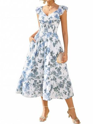 GRACE KARIN Abito estivo da donna con tasche, scollo a V, maniche arricciate con punto smock, abito da donna UK, abiti da sposa per le vacanze, abiti da spiaggia boho, Bianco-blu Grigio Floreale, M