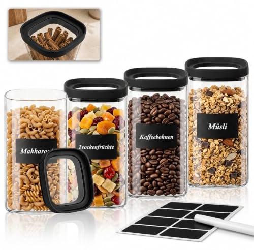 twoant Juego de 4 Cuadrada Tarros de Cristal Con Tapa Hermética y Apilable Transparente，1400ml Cocina Botes Almacenaje Ideales Para Guardar Especias, Pasta, Legumbres, Avena, Cereales, Etc