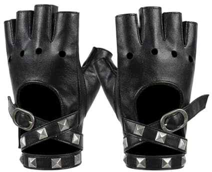 Punk Handschuhe Fingerlos Nieten Kette Schwarz Gothic PU Leder Biker Rocker