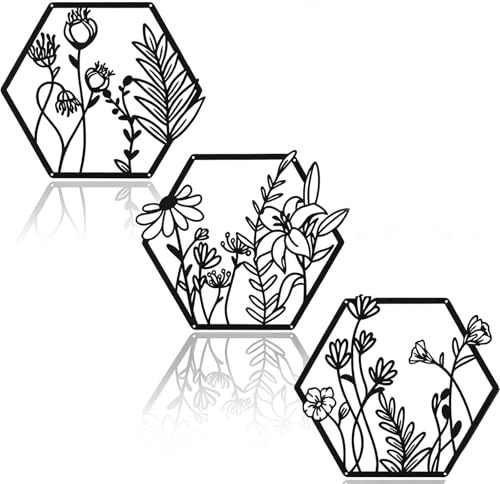 Kisstta 3 Stück Blume Wanddeko Metall, Schwarze Minimalistische Linienkunst Wand deko, Wanddekoration für Wohnzimmer, Schlafzimmer, Küche, Badezimmer, Einweihungsgeschenk im Freien (Schwarz 1)