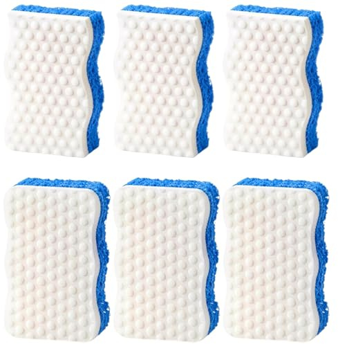 6 Piezas Esponja de Cocina de Doble Cara, Estropajo Limpieza Multiusos con Forma de S y Ola, Esponjas de Nanotecnología para Fregar Platos, Muebles y Oficina, Azul y Blanco