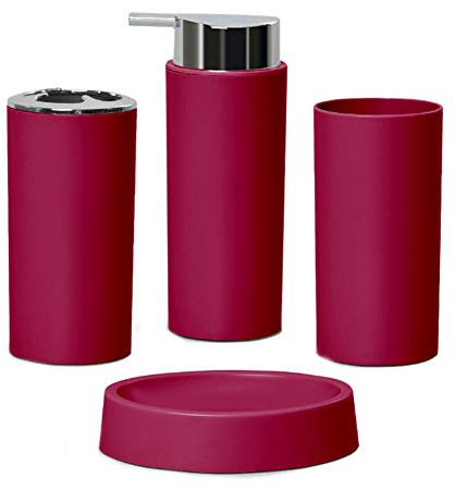 Bryhair Kit Accessori Bagno Simple Bagno Kit Set Bagno con Accessori Completo di Porta Spazzolino, Porta Sapone, Dispenser Sapone e Bicchiere per Spazzolino 4 Pezzi (Vino Rosso)
