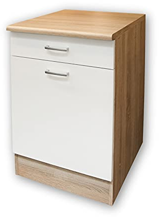 Stella Trading Moderner Unterschrank Küche in Eiche Sonoma Optik, Weiß matt - Geräumiger Küchenschrank mit viel Stauraum - 50 x 90 x 60 cm (B/H/T)