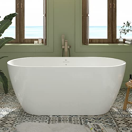 FerdY 59 Bali Elite Acrylic Freestanding Bathtub, Gracefully Shaped Freestanding Soaking Bathtub, cUPC Certified, Toe-Tap Brushed Nickel Drain and Minimalist Linear Design Overflow Included