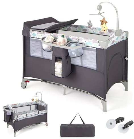 LIFEZEAL Vikbar babysäng med skötbord, resesäng baby med lekbåge och musikklockor, mobil barnresesäng med förvaringsväska, för baby 0–36 månader (grå, enskild person)