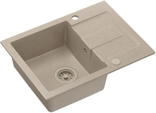 QUADRON fregadero de cocina Beige | tamaño 60 x 45 x 18,5 cm | fregadero de granito CHRISTIAN 111 fregadero de un seno | con sifón manual y escurridor | fregadero de encastre de 1 seno