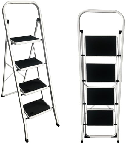 Folding Step Stool 4 Steps Ladder, Non-Slip Wide Tread Foldable Step Stool Ladder, Sturdy Steel Step Stool with Handrail for Adults, 330Lbs Capacity Safety Household Folding Ladder Stepladder 4 Treads