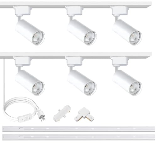 Yuemegou White Ultra-brigh 25W 2000lm J&L Type LED Track Lighting System，3000K Warm Light Dimmable Brightness，with 6.5 FT Rails and Ceiling Spotlight Fixture Installation Package