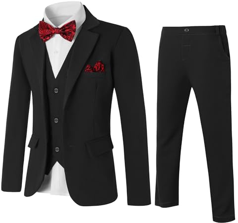 Amissz Boys Suits 5 Piece Formal Suit Set Slim Fit Outfits Kids Tuxedo Wedding Party Performance Blazer Vest Shirt Trousers Bow Tie 7-8 Years, Black
