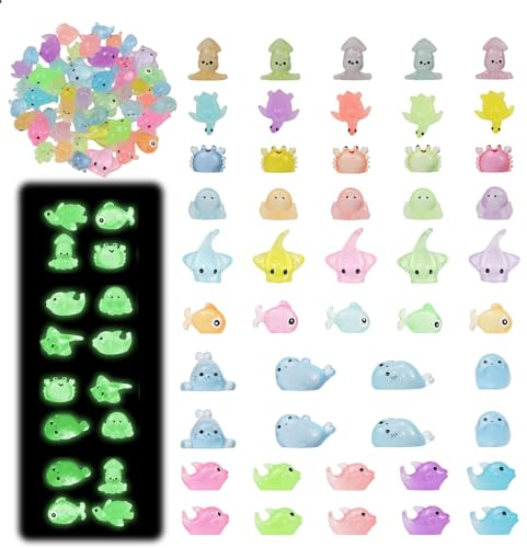 Goiern Lot de 48 mini figurines d'animaux de l'océan en résine qui brillent dans le noir, miniatures pour décoration d'aquarium, charmes pour jardin, maison de poupée, aquarium, maison