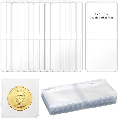 200 Pack 2 x 2 Inch Double-Pocket-Coin-Flips - Coin Pocket Holders, Unplasticized Coin Sleeves, Vinyl Coin Collection Holder for Long Term Coin Storage, Safety Coin Flips, Vinyl Coin Flips