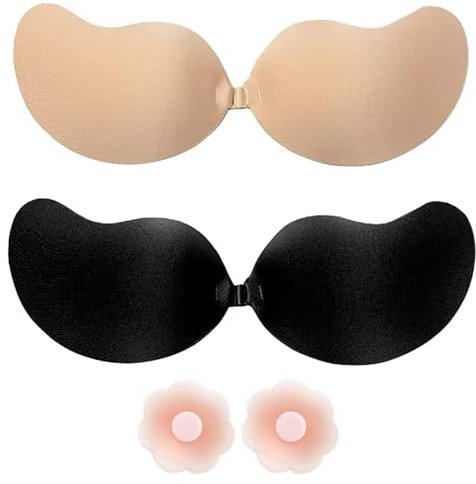 GegXcn 2 Pack Sticky Bras, Invisible Bra, Reusable Strapless & Backless Bras, Strong Hold, Natural Look, for Wedding, Party, Beach & Daily Wear with 1 Pack Nipplecovers