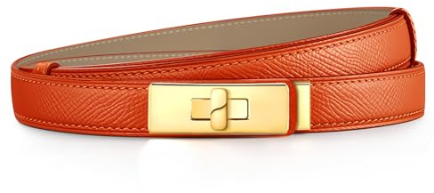 Schmaler Gürtel Damen Ledergürtel Damen Gürtel Orange, Mode Damengürtel für Hosen Kleider Taillengürtel Orange Ledergürtel, Taillengürtel für Jeans, Leder Damengürtel 53-92CM mit Twist Lock Gold