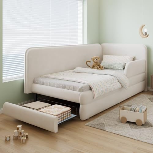 BTM Upholstered Single Bed with Drawer, Single Bed Frame with Storage and Side Rails, Velvet + Plywood, Beige, 3ft-90x190cm(No Mattress)