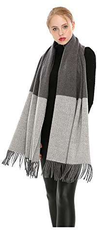 UK_Stone Damen XXL Schal Übergroßer Halstuch Damenschal aus Wolle mit Quaste Winterschal für Weihnachtsgeschenke, Dunkelgrau + Hellgrau
