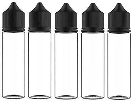 Chubby Gorilla V3 5 x 60 ml enhörningsflaskor i PET-plast för vätskor, oljor,... – tomma droppflaskor –(klar flaska med svart lock)