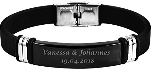 Hanessa Personalisiertes Armband mit Gravur für Männer und Frauen Edelstahl Leder schwarz Länge 21 cm | Personalisierte Armbänder mit Namen Herren Damen