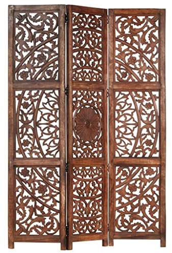 vidaXL Mangoholz Massiv Raumteiler 3-TLG. Handgeschnitzt Klappbar Trennwand Paravent Umkleide Sichtschutz Spanische Wand Braun 120x165cm