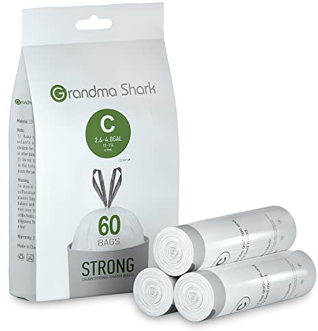 GRANDMA SHARK 10L - 15L Bin Bags Liners Drawstring Trash Bag, Handle Waste Bags, 60 Garbage Bag, Super Strong, Anti-drip Unscented, 47 × 54 cm