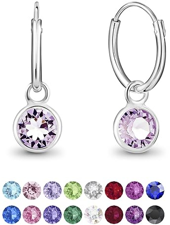 DTPsilver® Pendientes de Aro Pequeños con colgante de Cristal Swarovski® Elements Forma Redonda - Plata de Ley 925 - Espesor 1.2 mm - Diámetro 12 mm - Color: Violeta