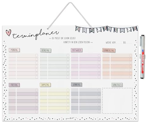 Terminplaner zum Aufhängen Konfetti-Motiv I mit Stift I DIN A3 I Wochenplaner Aufgabenplaner I Whiteboard I für Mädchen I abwischbar wiederbeschreibbar I dv936