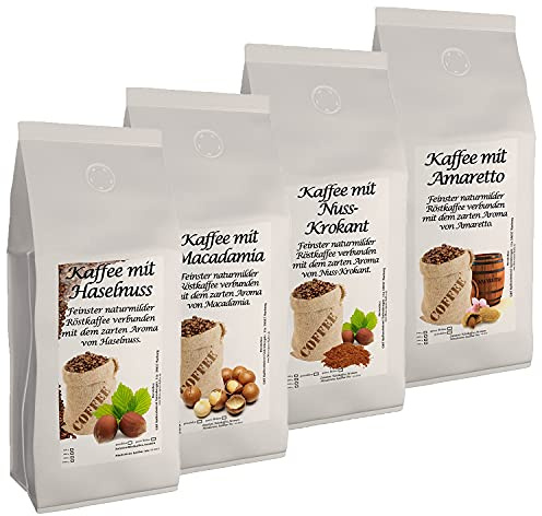4 x 500g leckere, nussige Aromakaffee Sorten - Kaffee mit Haselnuss, Macadamia, Nuss-Krokant, Amaretto (Ganze Bohnen)