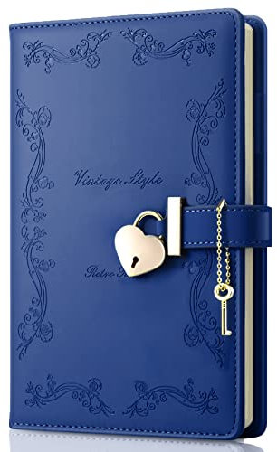 Mousbull Girls Diary with Lock and Key, Cute Heart Shaped Lock Journal for Women, Refillable A5 Vintage Secret PU Leather Notebook Gift for Teen Girls - Navy blue