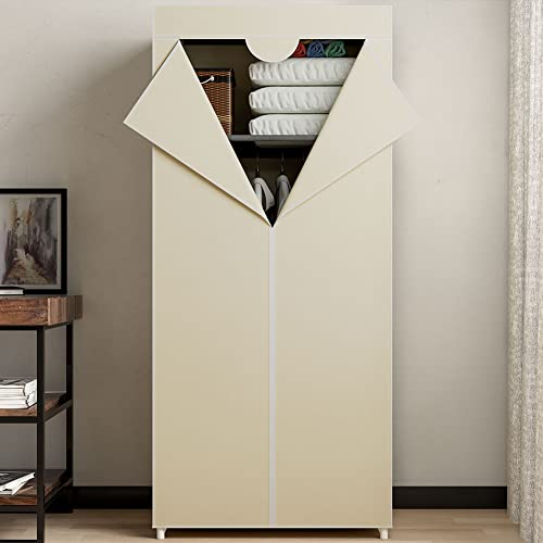 BAKAJI Armadio Guardaroba con Struttura Tubolare in Metallo, Mobile Salvaspazio con Rivestimento in Tessuto TNT, Zip di Chiusura e Asta Appendiabiti da Campeggio, 70 x 46 x 160 cm (Beige)