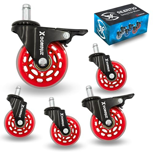 XDominuz Silentio Bürostuhl Rollen 5er-Set - Rollen für Bürostühle - Ersatzräder für Bürostühle auf Teppich- und Parkettböden (2 mit Bremse und 3 Freigängen) - Bolzen 11 mm - Rot