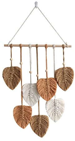 Tenture murale en macramé - Décoration bohème avec perles et feuilles en bois - Pour intérieur, extérieur, salon, chambre à coucher - Cadeau