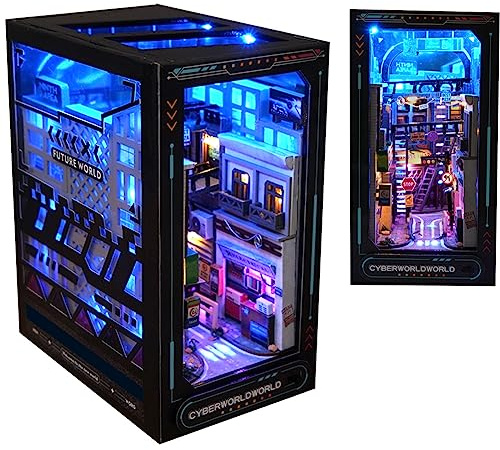 DIY Dollhouse bokhylla insatsdekoration, gör-det-själv-bok Nook kit, 3D träpussel med LED-belysning bokhörn bokhylla insats trä bokstöd modellbygge