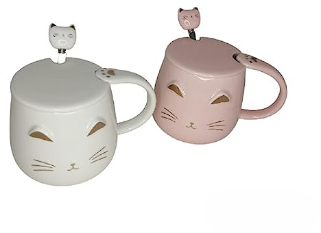 DUO TASSES CHAT KAWAII - ROSE et BLANC - Avec Couvercle et Cuillère … | Mug Chat avec Couvercle & Cuillère - Infusion, Thé, Café - Tasse Originale Japonaise - Idée Cadeau Japon Asie