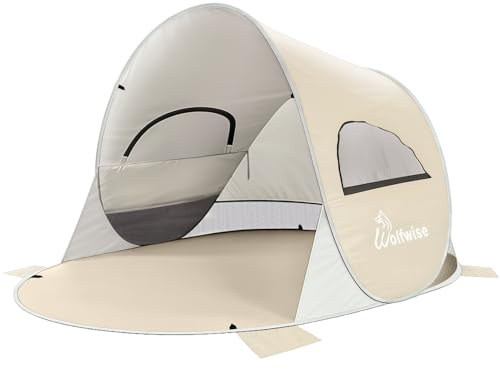 Wolfwise Pop Up Strandmuschel für 3-4 Personen, Sofort Aufbau, UV-Schutz 50+, Wasserabweisend, Belüftetes Anti-Riss Strandzelt mit Sandtaschen, 220x145x120CM (87 ×57×47 IN), Beige