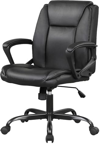 PayLessHere PU Leather Task Chair Home Office Chair Ergonomic Desk Chair with Lumbar Support and Armrests Adjustable Features with Mid Back Swivel Executive Computer Chair (Black)