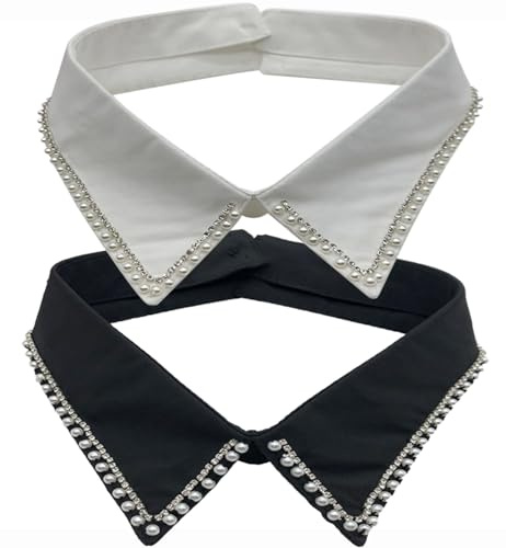 Rayson 2 Pièces Faux Col Femme Claudine Amovible Faux Collier Décoratif de Chemise pour Pulls et Robes Décoration Chic et Elegant(Col Pointu avec Perles Noir&Blanc, Taille Unique)